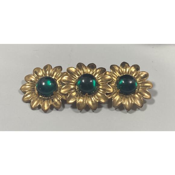 Vintage 3 Flower Gold Tone Petals Green Domed Glass Center Costume Brooch 3 in - Picture 1 of 9
